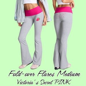 NWT Victoria's Secret PINK Fold-Over Flare Leggings Gray & Hot Pink Medium Bling